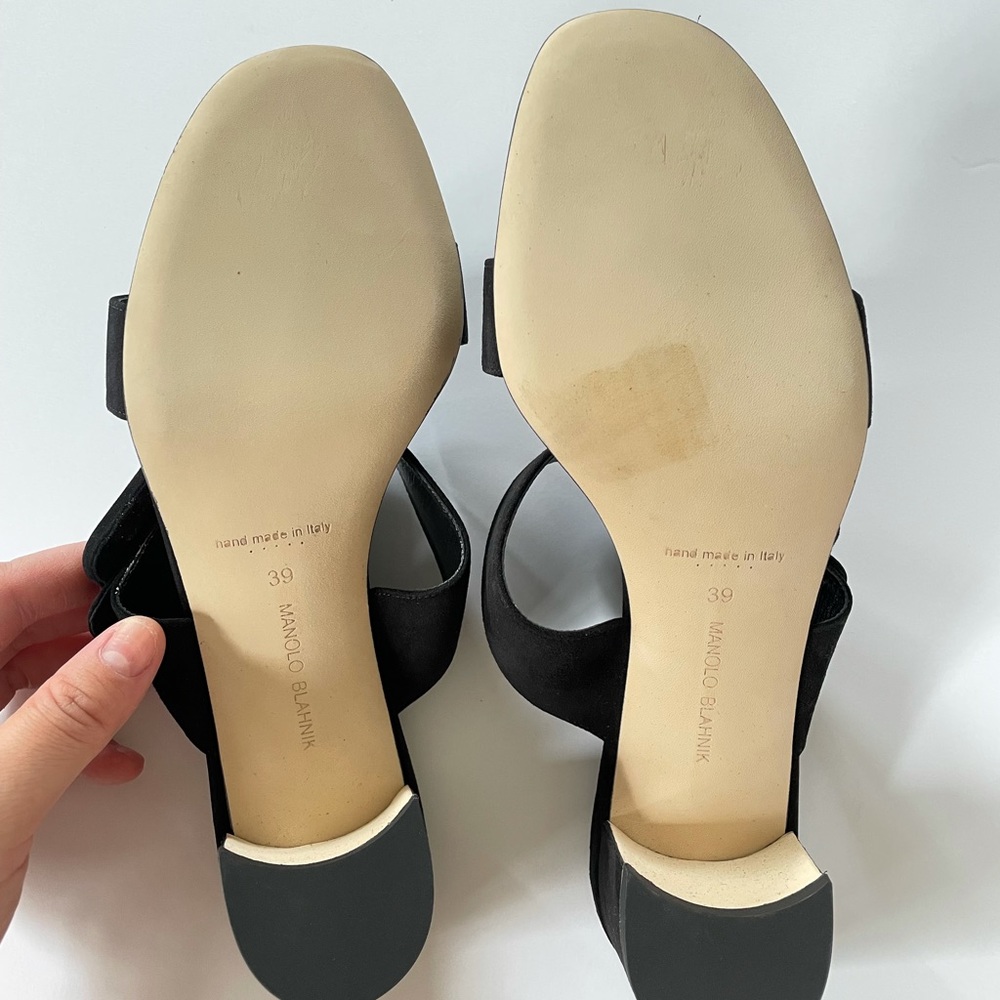 Manolo Blahnik Black Suede Buckle Block Heel Sandals - Picture 7 of 9